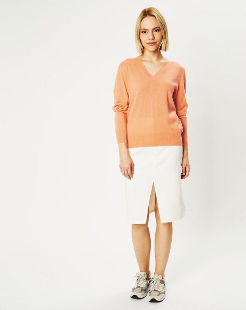 Pull 100% Cachemire Zocon col V orange clair