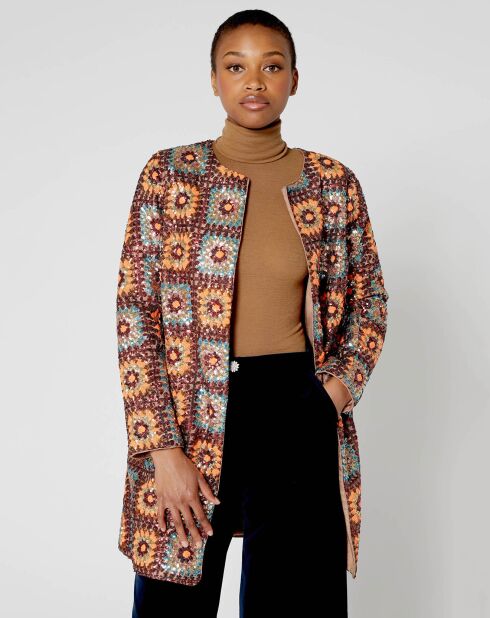 Manteau Crochet Paillette sequins chocolat