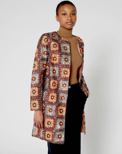 Manteau Crochet Paillette sequins chocolat
