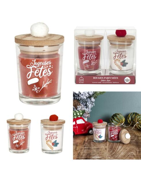 2 velas con tapa de madera, borla, blanco/rojo