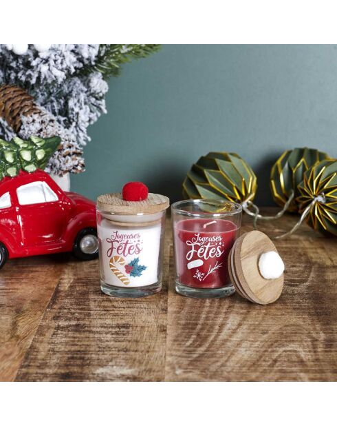 2 velas con tapa de madera, borla, blanco/rojo