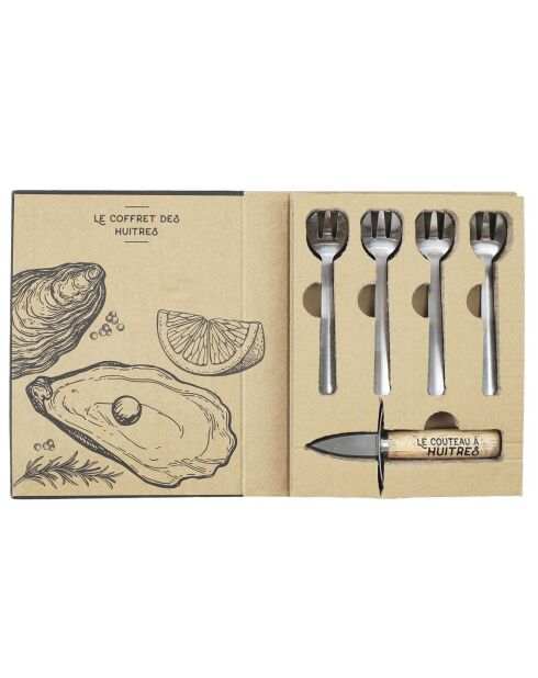 Coffret à huitres couteau + 4 fourchettes bois/inox