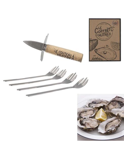 Coffret à huitres couteau + 4 fourchettes bois/inox