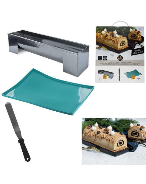 Coffret moule à buche et plaque genoise argenté/bleu