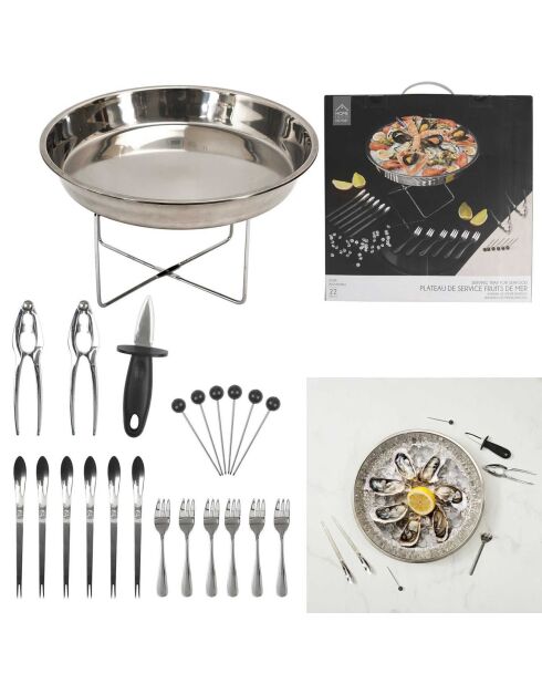 Plateau de service fruit de mer + 22 accessoires argenté