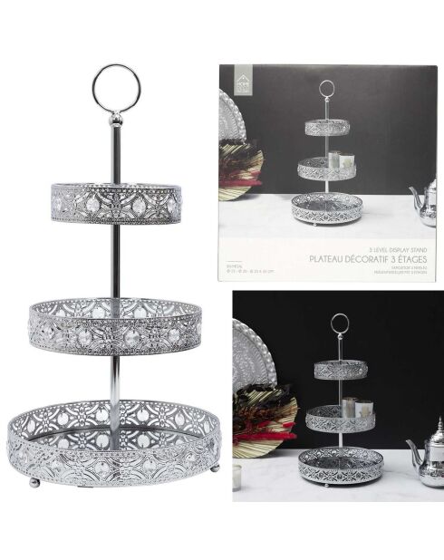 Serviteur décoratif 3 étages argenté - 25x46.5x25 cm