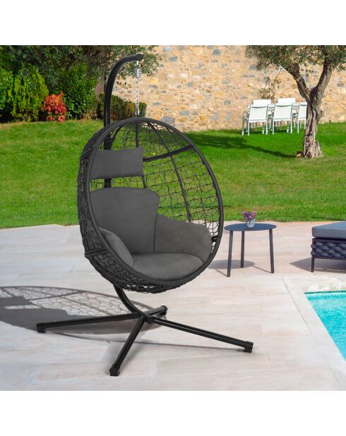 Sedia a uovo sospesa con cuscino incorporato nero/grigio - 93x60x110 cm