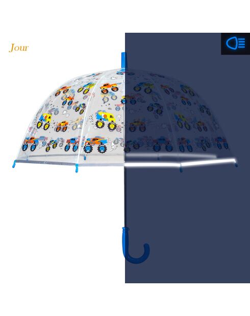 Paraguas Monster Trucks automático transparente para niños con borde reflectante transparente