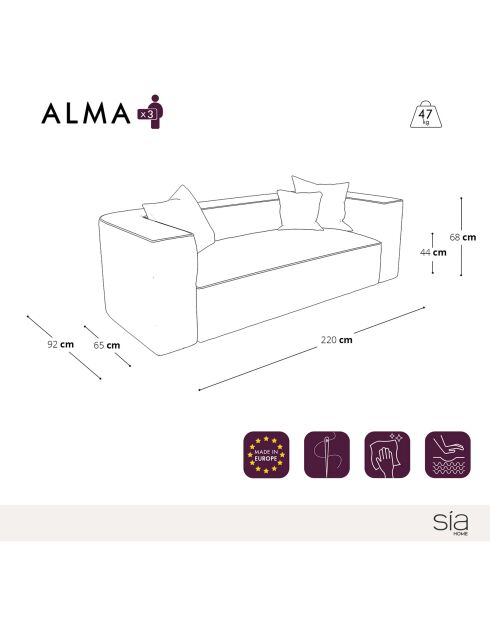 Canapé 3 places alma tissu tramé crème - 220x92x68 cm