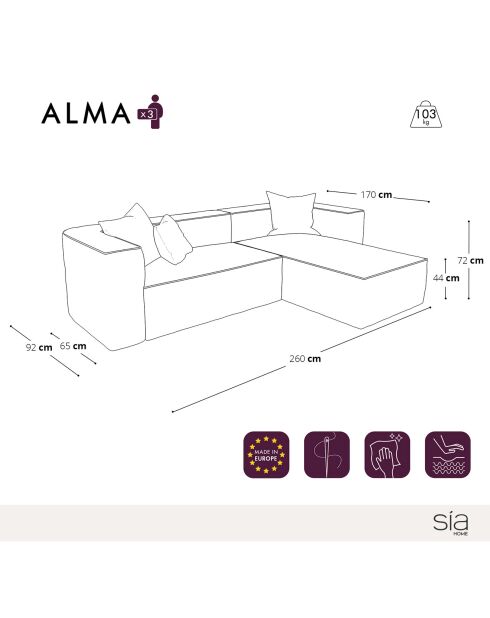 Canapé d'angle droit alma tissu tramé crème - 260x170x72 cm