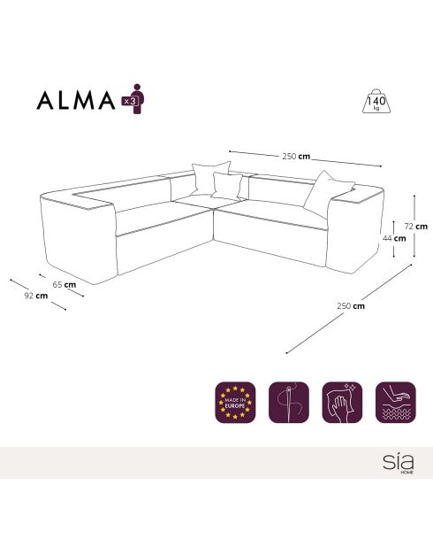 Canapé d'angle symétrique alma tissu tramé crème - 250x250x72 cm