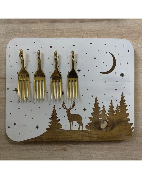 Set plateau à charcuterie et fromage + 4 piques Cerf bois/doré - 36x13x2 cm