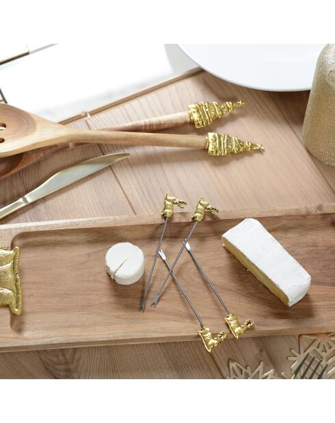 Set plateau à charcuterie et fromage + 4 piques Cerf bois/doré - 36x13x2 cm