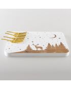 Set plateau à charcuterie et fromage + 4 piques Cerf bois/doré - 36x13x2 cm