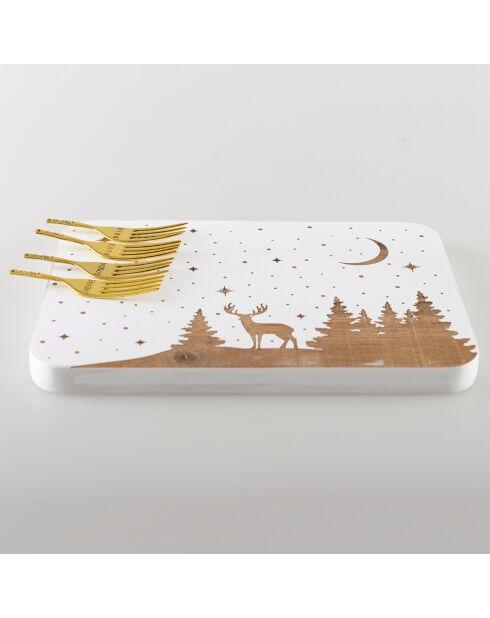 Set plateau à charcuterie et fromage + 4 piques Cerf bois/doré - 36x13x2 cm