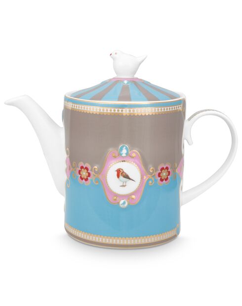 Love Birds theepot met blauw/kaki medaillon - 12,9x19,5x25,3 cm