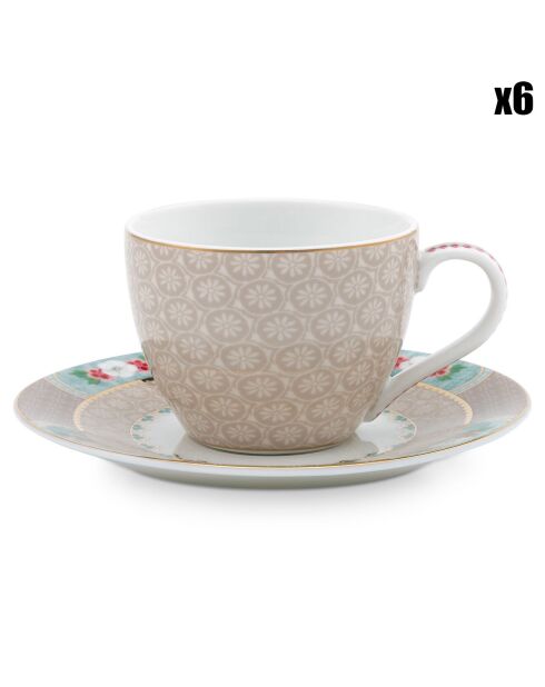 6 Tasses à café + soucoupes en Porcelaine Blushing Birds kaki - 12.3x5.1x12.3 cm