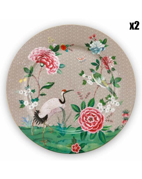 2 Khakifarbene Blushing Birds Porzellan-Präsentationsteller, D. 31,5 cm