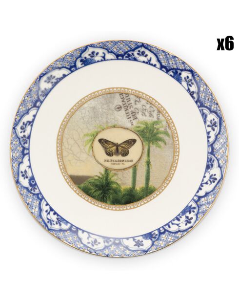 6 Assiettes plates en Porcelaine Héritage Papillon bleues - D.15.7 cm