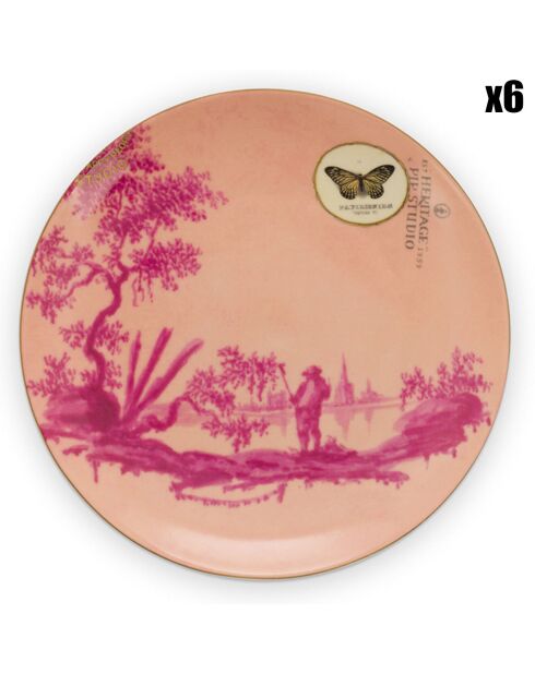 6 Assiettes plates en Porcelaine Héritage roses - D.18.5 cm