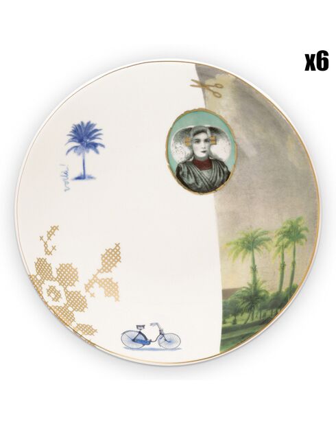 6 Assiettes plates en Porcelaine Héritage Palmier blanches -D.20.8 cm