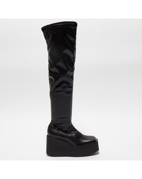 Cuissardes compensées en Cuir Cama noires - Talon 9 cm