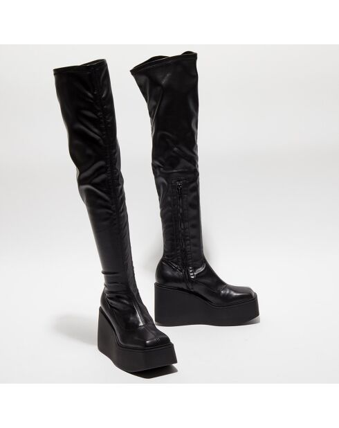 Cuissardes compensées en Cuir Cama noires - Talon 9 cm
