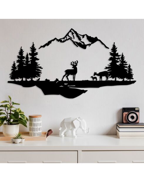 Décoration mural paysage cerf et forêt noir - 38x11 cm