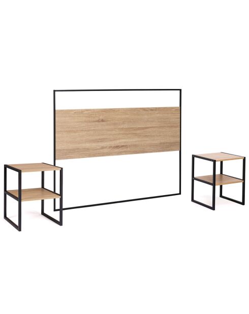 Cabecero Memphis de madera y negro con soporte de pared de madera y negro, 145 x 2 x 120 cm