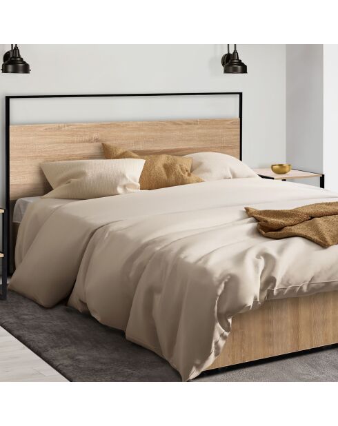 Cabecero Memphis de madera y negro con soporte de pared de madera y negro, 145 x 2 x 120 cm