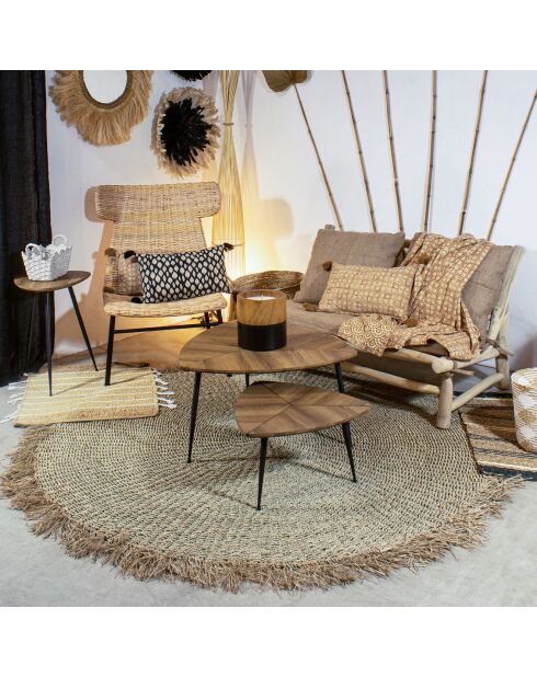 Tappeto tondo in fibre naturali di mendong con frange beige - D.180 cm