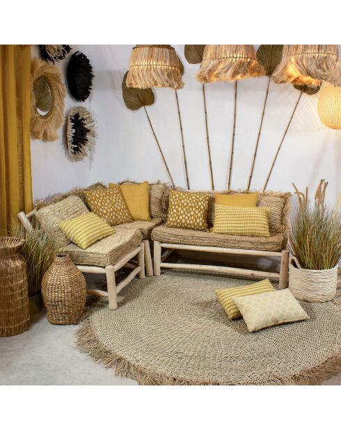 Tappeto tondo in fibre naturali di mendong con frange beige - D.180 cm