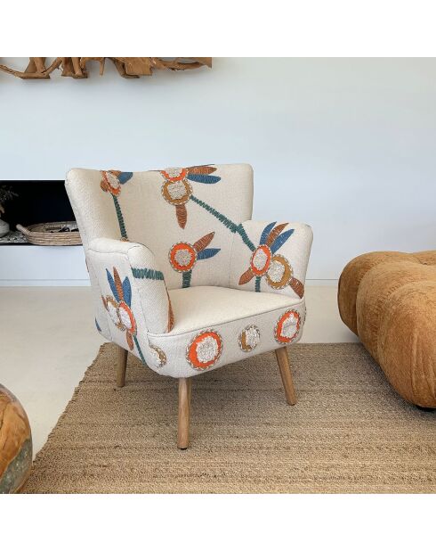 Fauteuil en coton écru brodé à la main maya multicolore - 68x77.5x70cm