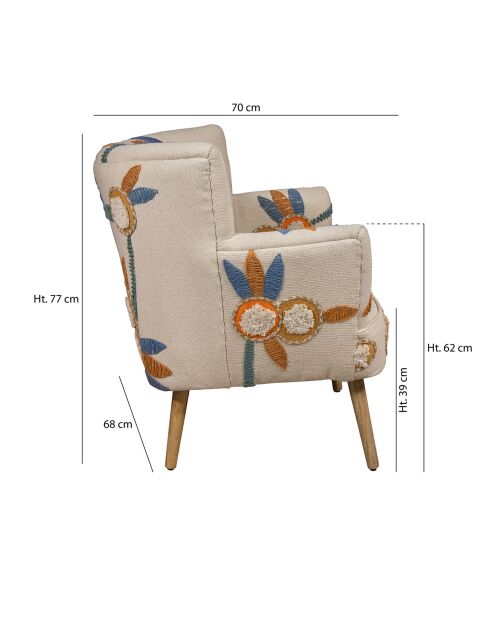 Fauteuil en coton écru brodé à la main maya multicolore - 68x77.5x70cm