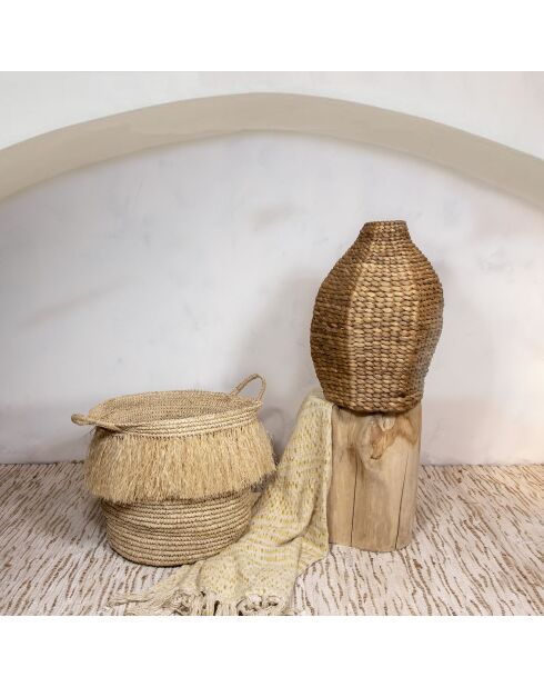 Cestino con frange in rafia naturale con manici beige luys - D.44xH.41 cm