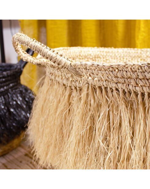 Cestino con frange in rafia naturale con manici beige luys - D.44xH.41 cm