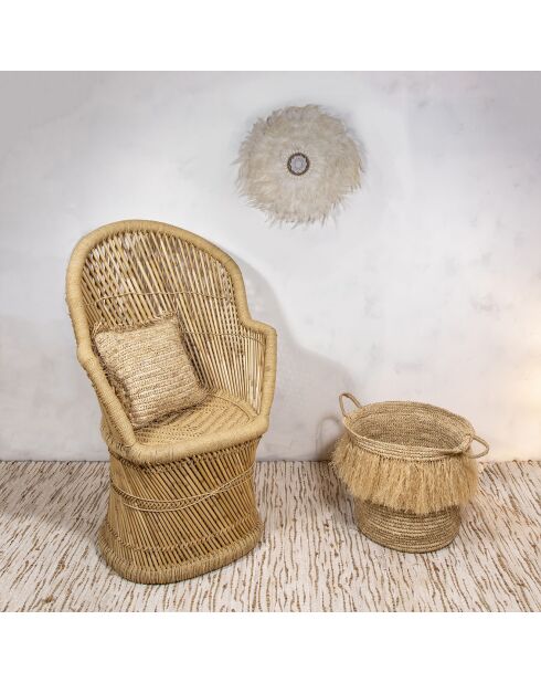 Cestino con frange in rafia naturale con manici beige luys - D.44xH.41 cm