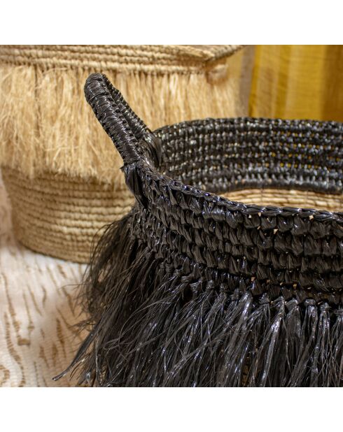 Natuurlijke mand Abaca met franjes Small zwart - 30x30x34 cm