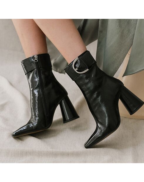 Bottines en Cuir verni plissé Bandol noires - Talon 6.5 cm