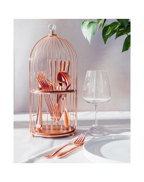Ménagère de 24 couverts avec support/plateau à couverts design en or rose à double fonction