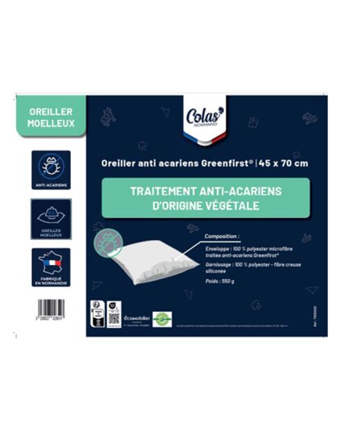 Oreiller Moelleux Anti Acariens Greenfirst  blanc