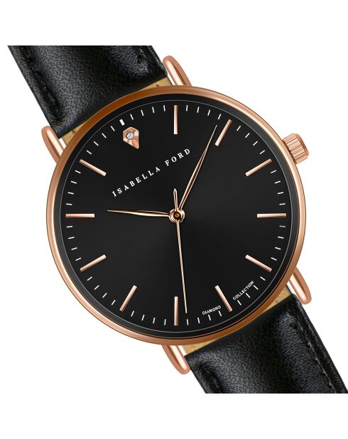 Montre Anna en Cuir & Diamant noire