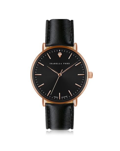Montre Anna en Cuir & Diamant noire