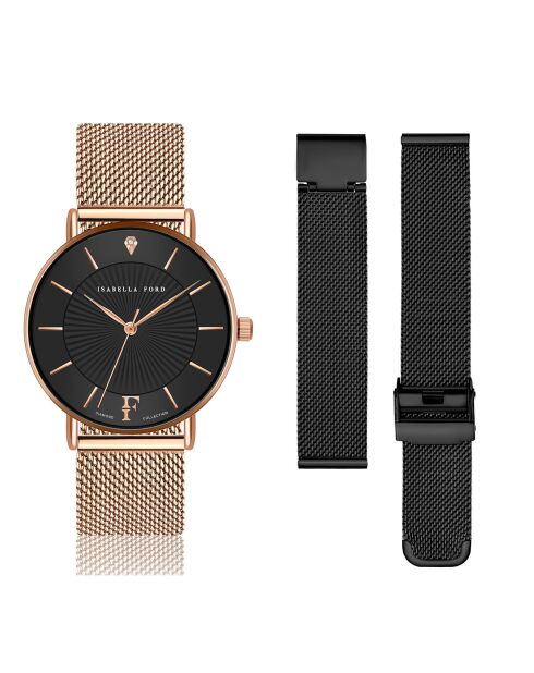  Set Montre Femme 2 Bracelets Naomi en Acier & Diamant rose doré/noir