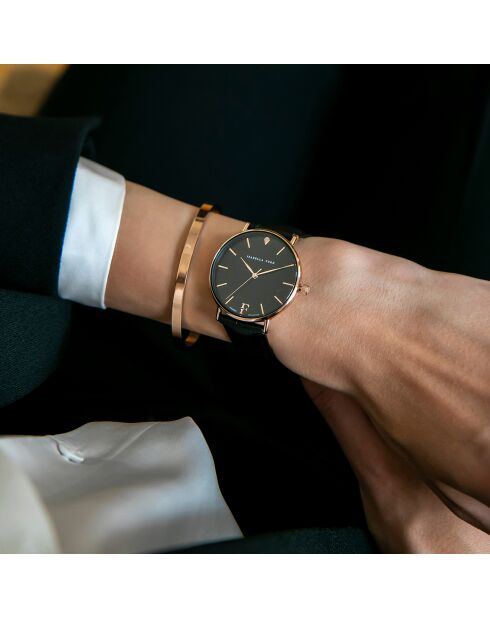 Set Montre Femme 2 Bracelets Naomi en Acier, Cuir & Diamant rose doré/noir
