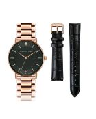 Set Montre Femme 2 Bracelets Naomi en Acier, Cuir & Diamant rose doré/noir