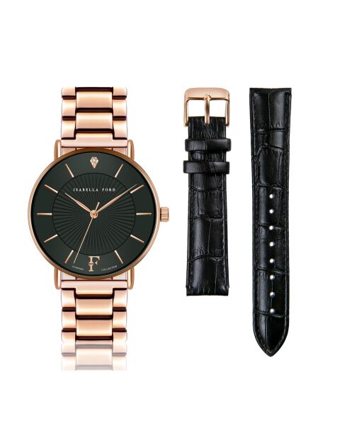 Set Montre Femme 2 Bracelets Naomi en Acier, Cuir & Diamant rose doré/noir