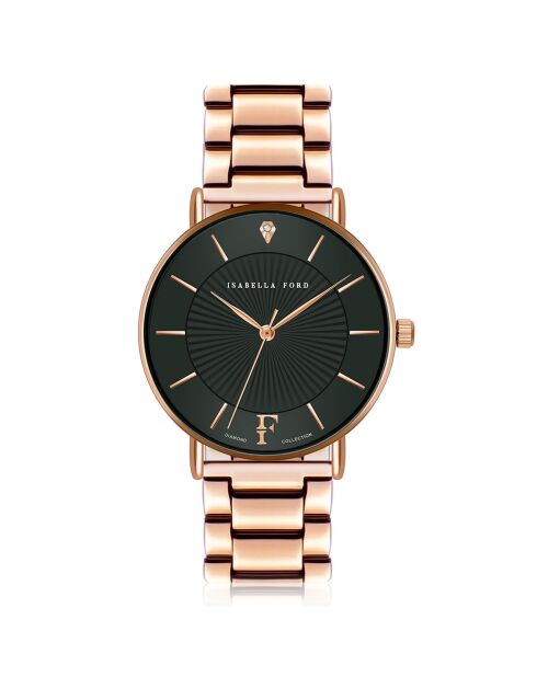 Set Montre Femme 2 Bracelets Naomi en Acier, Cuir & Diamant rose doré/noir