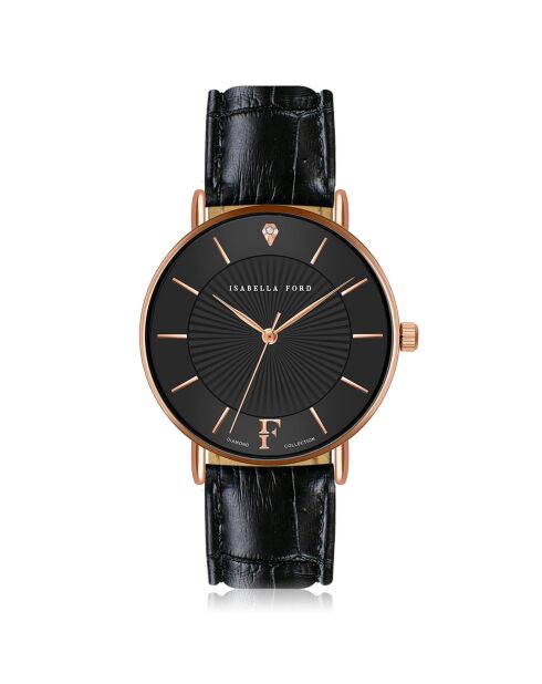 Set Montre Femme 2 Bracelets Naomi en Acier, Cuir & Diamant rose doré/noir