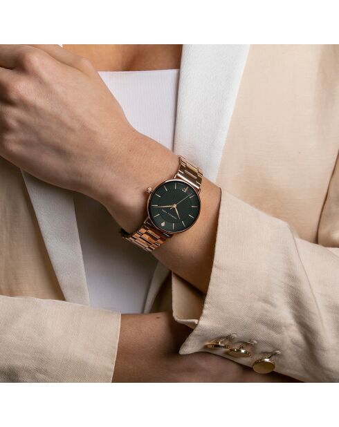 Set Montre Femme 2 Bracelets Naomi en Acier, Cuir & Diamant rose doré/noir